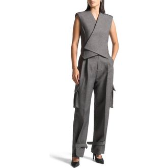 Mani&egrave;re De Voir Danielle Tailored Pleated Cargo Trousers in Grey Marl at Nordstrom, Size 4