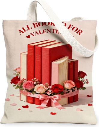 Generic ValentineS Floral Canvas Tote Bags, Book Stack Design Lightweight Washable Grocery Bags, Vintage Romantic Reusable Shoulde, Red, 13x15 Inch