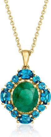 Ross-Simons Emerald and London Blue Topaz Pendant Necklace in 18kt Gold Over Sterling