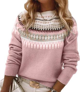 Generic Norwegian Sweater Women, Womens Knitted Print Retro Sweater Crewneck Long Sleeve, Autumn and Winter Casual Jacquard Sweater (K,XXL)