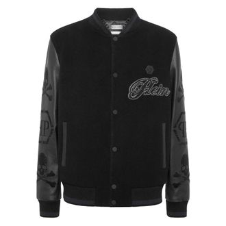 Philipp Plein Wollen & Leren Varsity Bomberjack met Patches en Stenen - Heren - Bomber jackets - Zwart - 4XL - Wol - Jassen