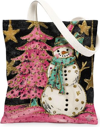 Generic Christmas Snow Man Canvas Tote Bags, Winter Tree Design Reusable Grocery Bags, Lightweight Washable Shoulder Strap Canvas F, Peach, 13x15 Inch