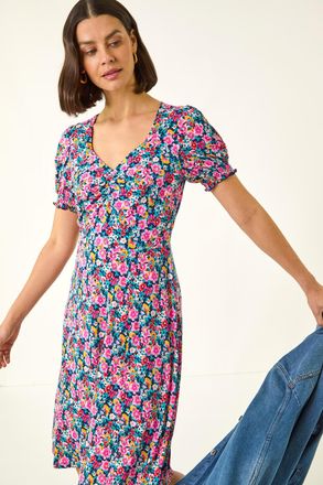 Roman Floral Print Ruched Dress