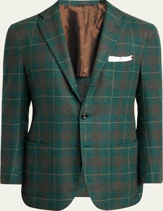 Kiton Mens Cashmere Blend Windowpane Three-Button Sport Coat