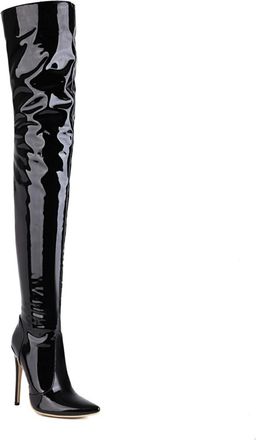 Generic Womens Patent Leather Thigh High Boots Stiletto High Heel Over The Knee Boots Pointed Toe Long Boot with Side Zipper,Black,8.5 UK