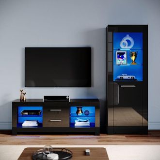 Elegant Lighting Living Room Set Modern High Gloss Fronts with LED Light, 1300mm TV Stand, Display Cabinet with Glass Shelf Bookcase, Black