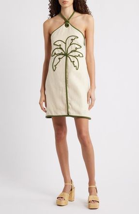Farm Rio Coconut Contrast Piping Halter Minidress in Sand at Nordstrom, Size Medium