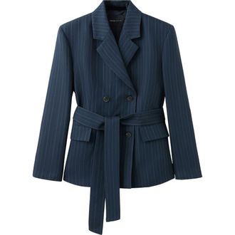 Mango Belted Pinstripe Jacket in Navy at Nordstrom, Size X-Large