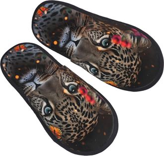 Generic Cotton Slippers Leopard And Butterfly Warm Fluffy Slippers Non-Slip Indoor Shoes For Winter Room Travel L