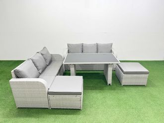 Fimous 8 Seater Rattan Outdoor Dining Table Set with 2 Big Stools in Light Grey