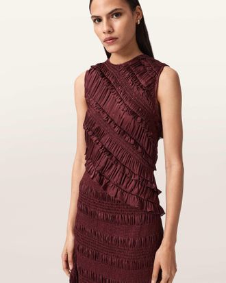 AllSaints Polyester Nyla Ruffled Midi Dress, Size: UK 14/US 10