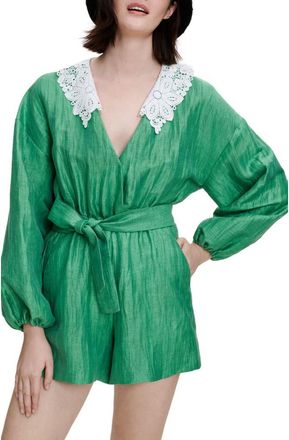 Maje Collared Long Sleeve Linen Blend Romper in Vert at Nordstrom Rack, Size 10 Us / 42 Eu