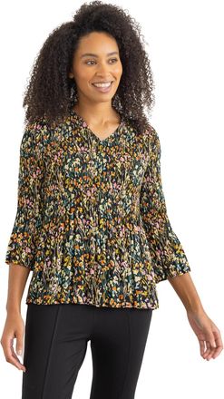 Klass Three Quarter Sleeve Meadow Print Pleated Top - Black/Orange - L