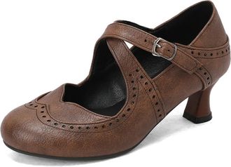 Generic Womens Vintage Style Brogue Pumps- Round Toe Chunky Heel,Cross Strap with Platform Sole for Casual Wear,Brown,7.5 UK