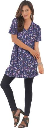 Roaman's Plus Size Ultimate Cotton V-Neck Short Sleeve Tunic in Black Blue Garden at Nordstrom, Size Medium