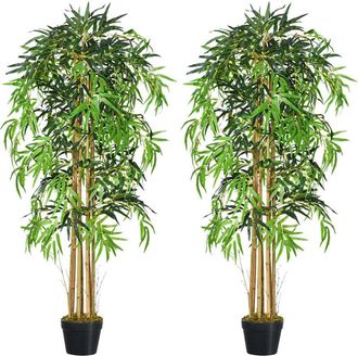 OUTSUNNY Pack De 2 Bamb&uacute; Artificiales 150 Cm Plantas Artificiales Con 1095 Hojas Maceta Decoraci&oacute;n Para Interior Hogar Verde