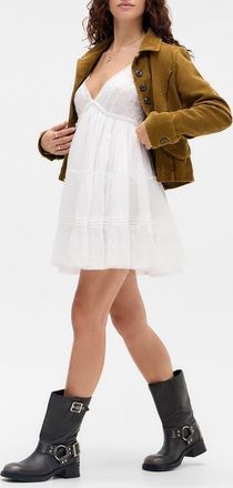 BDG Aria Embroidered Tiered Cotton Babydoll Dress in White at Nordstrom, Size Medium