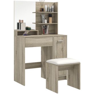 OEM Tocador De Maquillaje Con Taburete Espejo Estantes Abiertos Caj&oacute;n Y Estante Ajustable Anti-vuelco Natural Y Beige