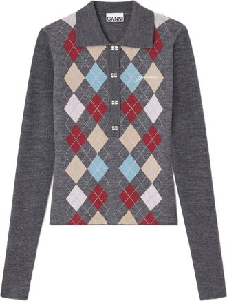 Ganni Top a coste con colletto polo - Grigio