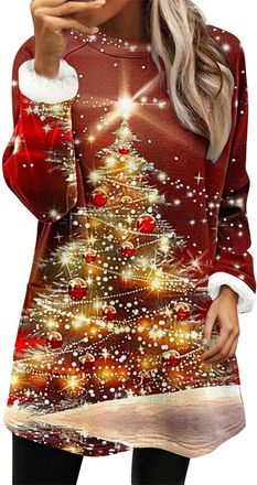 Generic Womens Christmas Sweatshirts Fashion Long Sleeve Round Neck Jumper Sweatshirt for Women UK Thick Fleece Lined Warm Tunic Tops Ladies Exquisite Printed