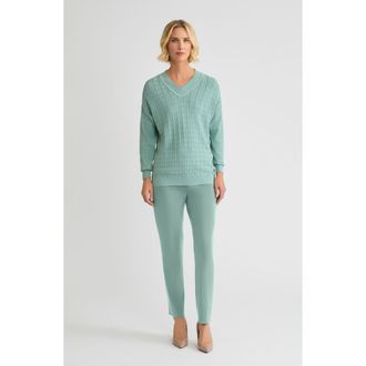 Misook Relaxed Pointelle Soft Knit Sweater in Mystic Green at Nordstrom, Size Xx-Large