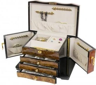 Allurez Elm Burl Inlay Bubinga Jewelry Chest w Multiple Compartments