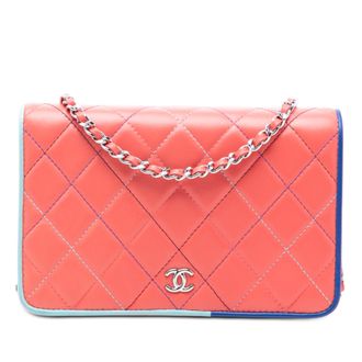 Chanel Tweedekans Cc Gequilted Lamsleer Multicolor Rand Volle Flap Portemonnee Op Ketting