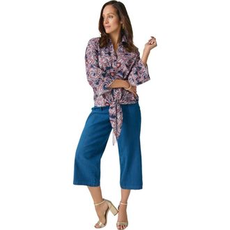 Jessica London Tie-Front Collared Blouse in Navy Refined Paisley at Nordstrom, Size 14