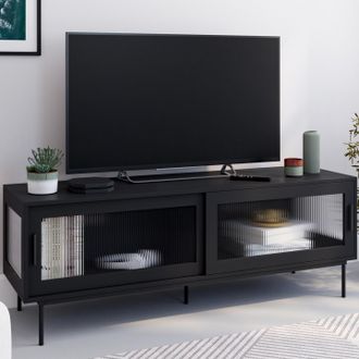 IDMarket Mueble Tv Zineb 140 Cm, 2 Puertas Correderas De Cristal, Frente Estriado Negro