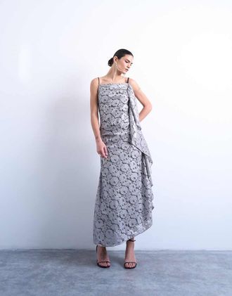 Topshop Vestito lungo in pizzo pesante color argento laminato