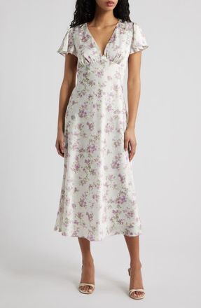 Lulus Fernanda Floral Flutter Sleeve Maxi Dress in White /Purple Floral at Nordstrom, Size X-Small