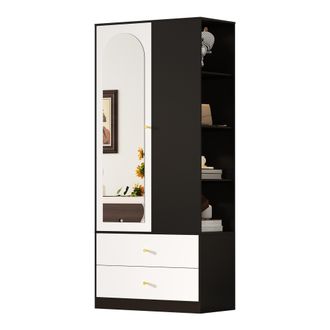 STILVORA Armario De Dormitorio Con 1 Puerta Con Espejo, 2 Cajones, 4 Estantes Y Barra, En Madera, Blanco Y Negro 80&times;40&times;180 Cm