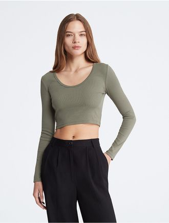 Calvin Klein Womens Cotton Contour Rib Cropped Long Sleeve T-Shirt - Green - XS