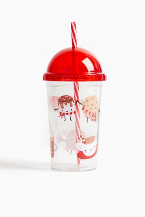 H&M Gemusterter Plastikbecher mit Trinkhalm - Red