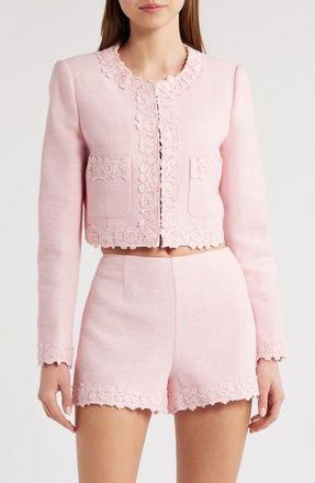 LoveShackFancy Leilana Lace Accent Crop Jacket in Strawberry Spritz at Nordstrom, Size 0