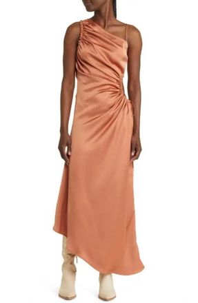 Moon River Ruched Asymmetric Satin Maxi Dress In Terracotta