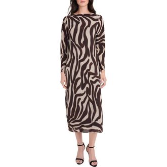 Donna Morgan Zebra Stripe Long Sleeve Midi Dress in Khaki/Brown at Nordstrom Rack, Size 12