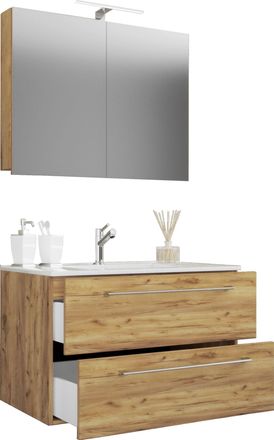 ebuy24 Ebuy24 - Vcm 3 Pcs Lavabo Lavabo Inferior Gabinete Ancho 60 Cm Juego De Muebles De Ba&ntilde;o Colgando Con Un Caj&oacute;n Espejo Gabinete Badinos (roble Miel)