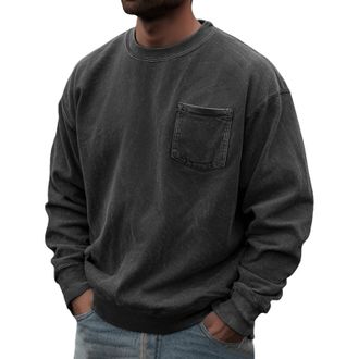 Generic Mens Solid Colour Sweatshirts with Pocket, Distressed Washed Loose Fit Pullover Tops Casual Fashion Mens Sweatshirts Long Sleeve Outdoors Streetwear J