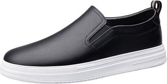 Generic Mens Leather Slip On Low Top Loafers White Casual Sneakers Flat Cowhide Comfort Shoes Easy Wear Mens Flats for Daily Walking Work and Travel(Black,7.5