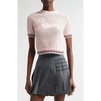 Thom Browne Hector Icon Cotton Pointelle Stitch Crop Sweater in Light Pink at Nordstrom, Size 10 Us
