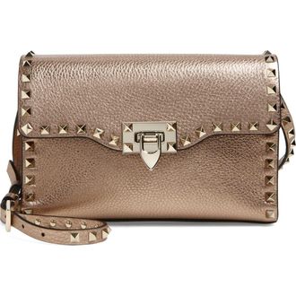 Valentino Garavani Small Rockstud Grained Metallic Leather Shoulder Bag in Rose at Nordstrom