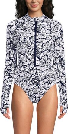 Lands End Chlorine Resistant Zip Front Long Sleeve Tugless Sporty One Piece Swimsuit in Tossed Shells/deep Sea Navy at Nordstrom, Size 16