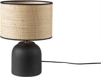 Miliboo L&aacute;mpara De Mesa De Cer&aacute;mica Negra Con Pantalla De Rafia 35 Cm Rocha