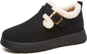 Generic Womens Faux Suede Winter Ankle Boots, Fur Lined, Buckle Closure, Casual Flat Platform, Warm Indoor Outdoor Slip-on (Black, Standard, Adult, Women, 6.5