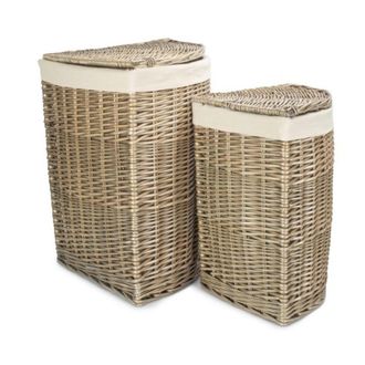 Red Hamper Set of 2 Cotton Lined Antique Wash Wicker Laundry Basket in Natural