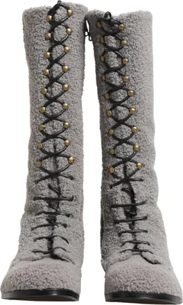 Dolce & Gabbana Gray Shearling Lace Up Knee High Boots Mens Shoes