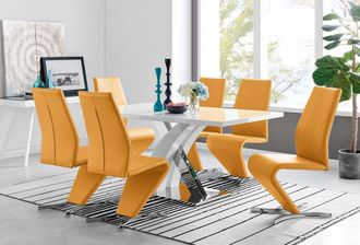 Furniturebox Atlanta Modern Rectangle Chrome Metal High Gloss White Dining Table & 6 Willow Chairs Set in Mustard