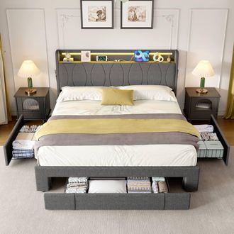 Merax Grey Linen 4ft6 Double Bed with 3 Drawers & LED Storage Headboard