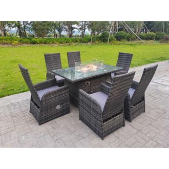 Fimous Rattan Garden Furniture Gas Fire Pit Rectangle Oblong Dining Table And Chairs 6 Seater Plus Rectangular Table - Fimous